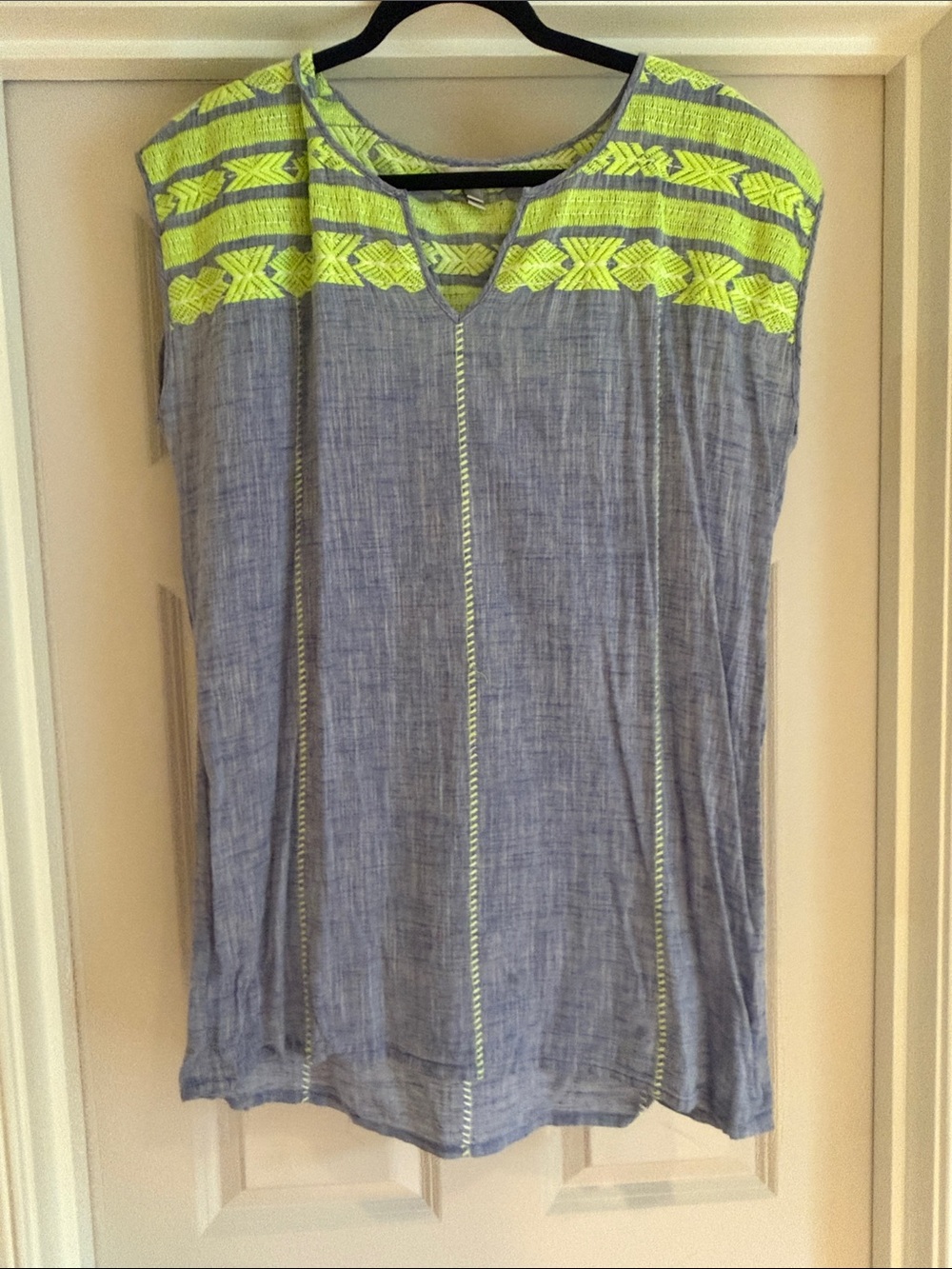 J. Crew Chambray Tunic coverup with Neon green Yellow Embroidered Yoke